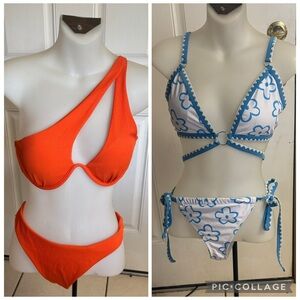 Lot of 2 Large Shein orange ribbed/blue white floral Bikinis.  In EUC